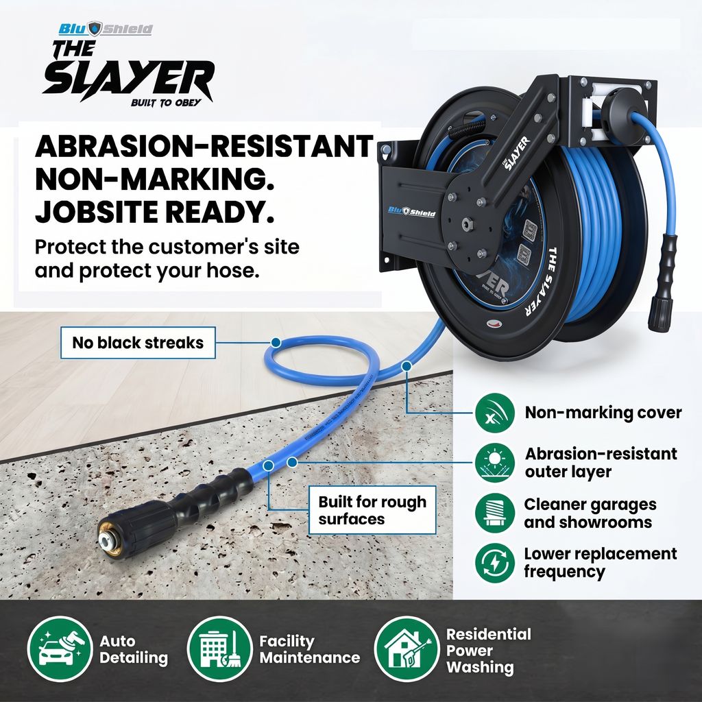 Blu Shield The Slayer Hybrid Pressure Washing Hose Reel 1/4" X 100'-Blue