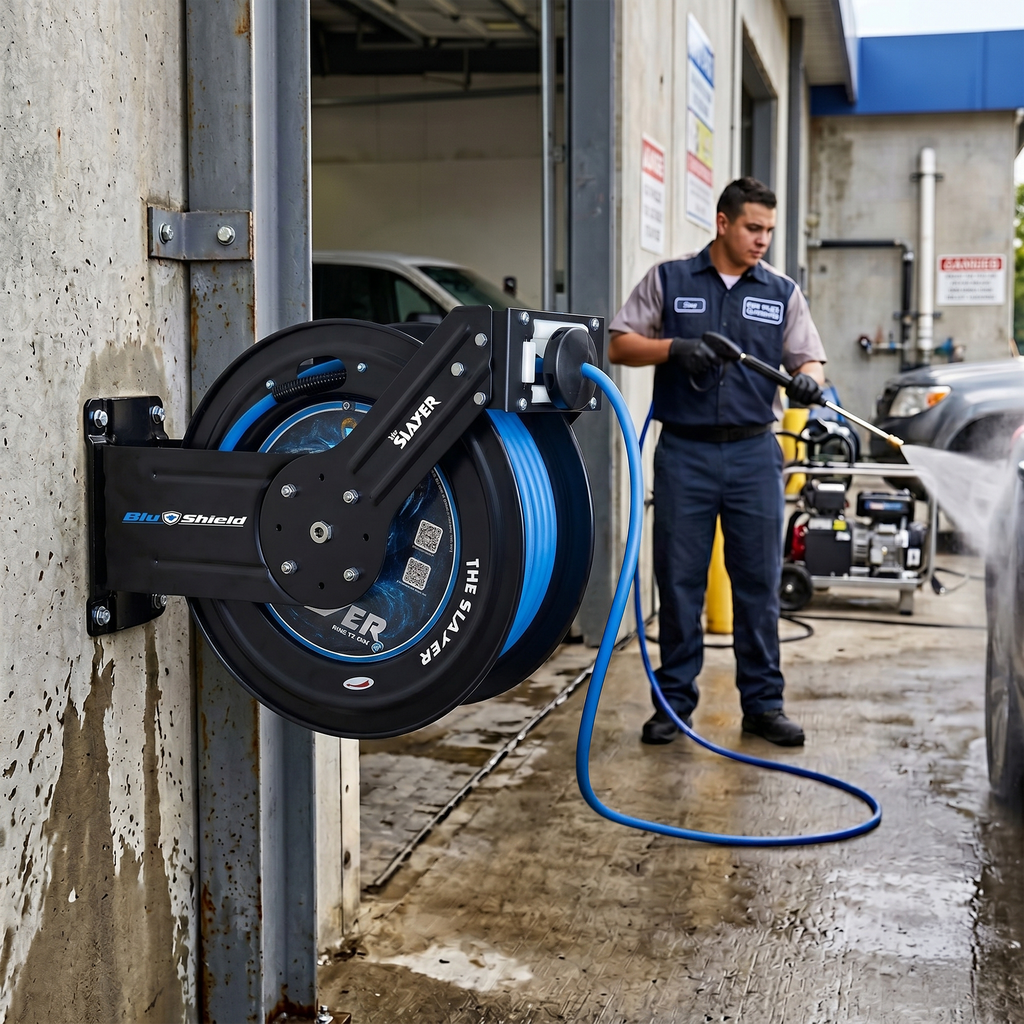 Blu Shield The Slayer Hybrid Pressure Washing Hose Reel 1/4" X 100'-Blue