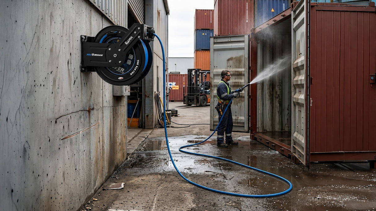 Blu Shield The Slayer Hybrid Pressure Washing Hose Reel 1/4" X 100'-Blue