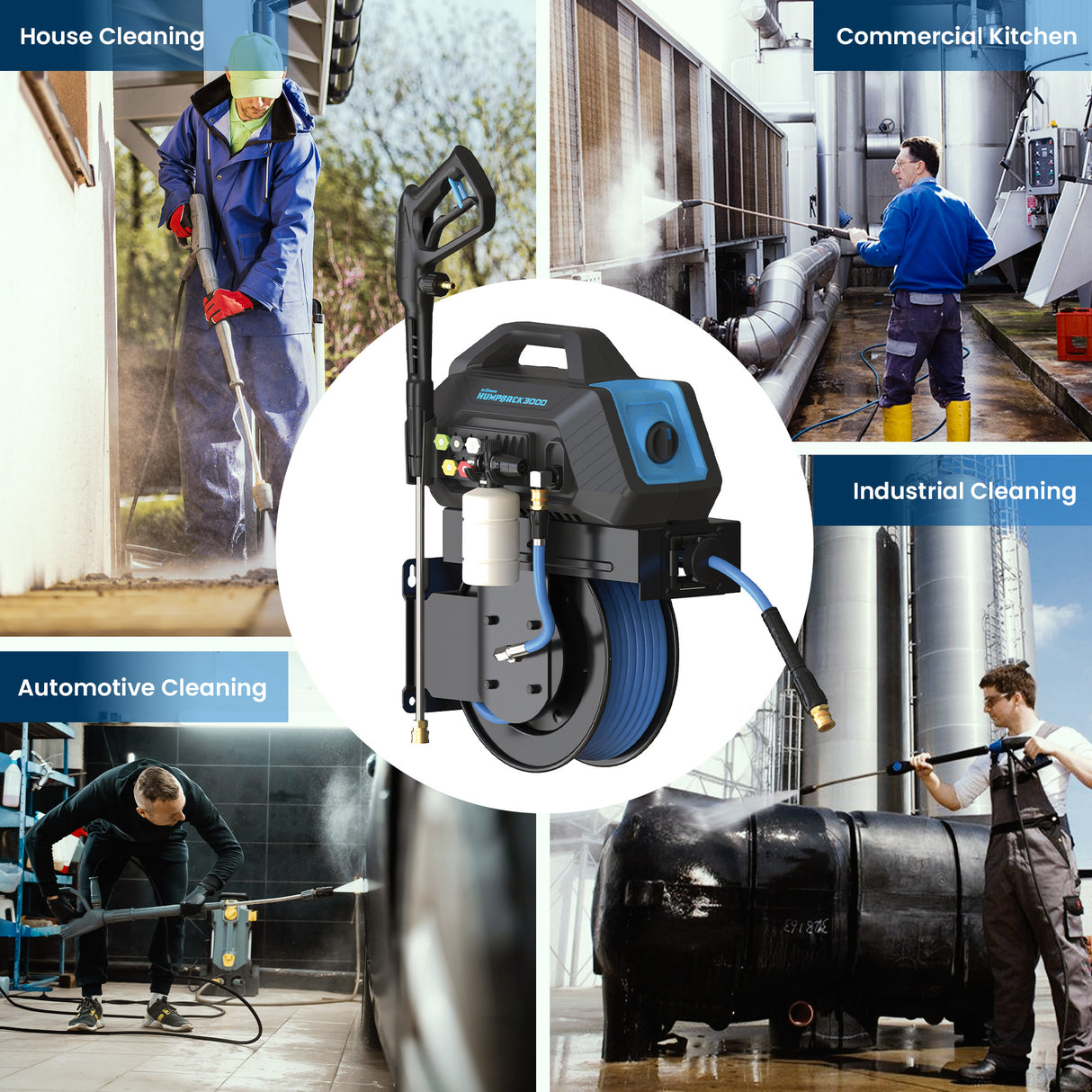 BluShield HumpBack 3000PSI All-in-One Pressure Washer System, Auto-Retractable Hose Reel, Industrial Pump, Accessories