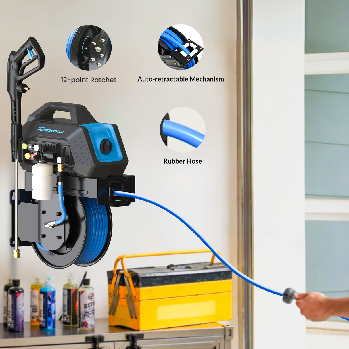 BluShield HumpBack 3000PSI All-in-One Pressure Washer System, Auto-Retractable Hose Reel, Industrial Pump, Accessories