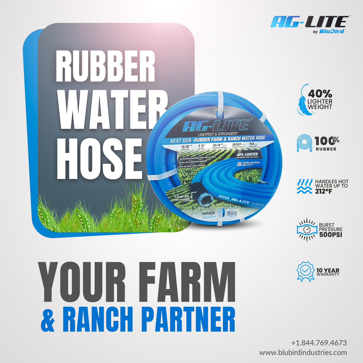 AG-Lite 5/8" x 6' Lead-in Irrigation Hose with 3/4" GHT Fitting, 100% Rubber, Supports Hot and Cold Water