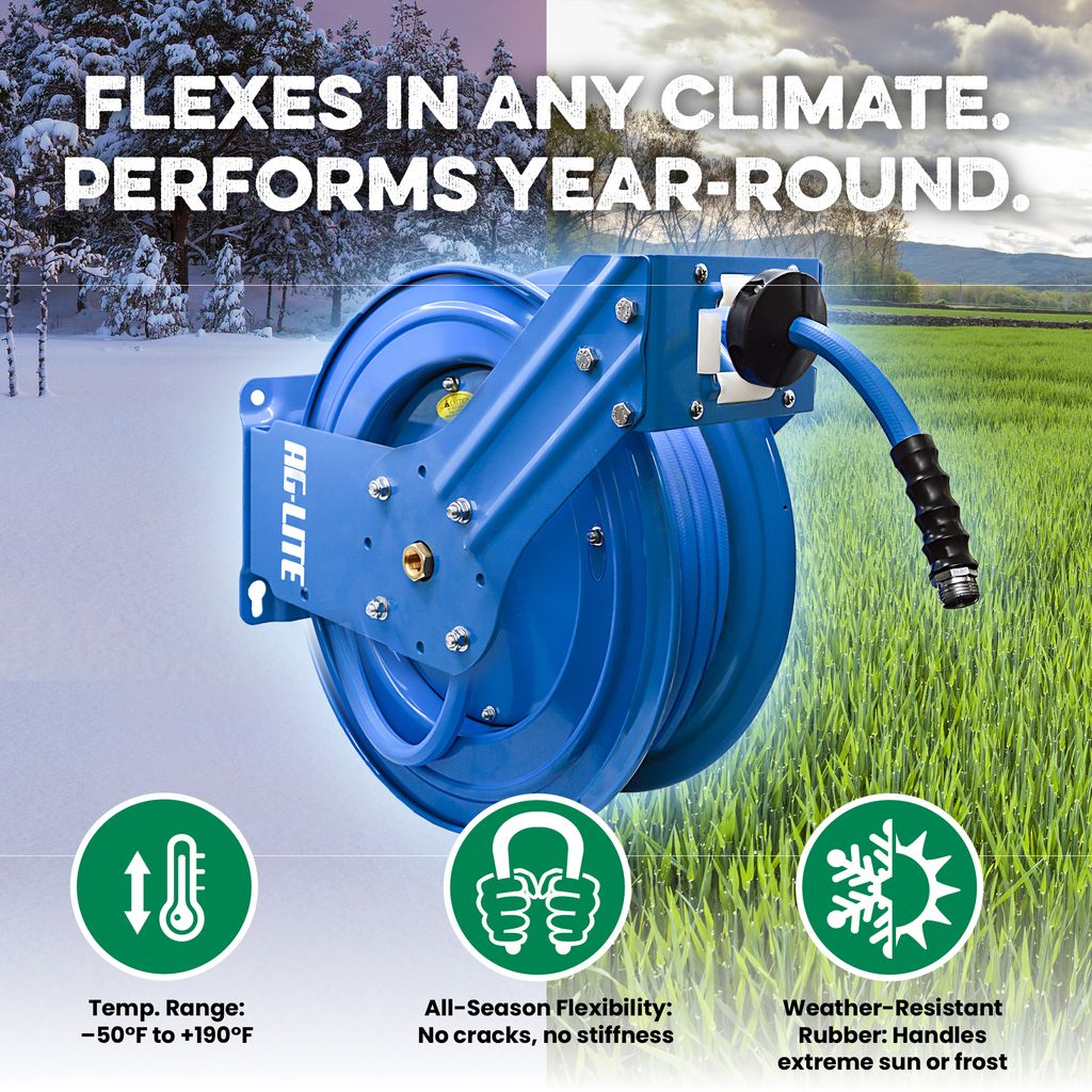 AG-Lite Rubber Water Hose Reel 5/8” x 100’ Retractable Dual Arm Heavy Duty, Hot/ Cold Water Hose, Spray Nozzle, 6' Lead-in Hose