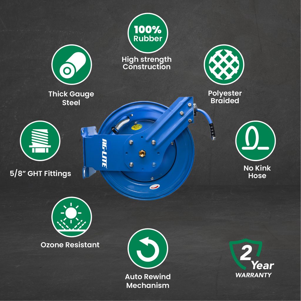 AG-Lite Rubber Water Hose Reel 5/8” x 100’ Retractable Dual Arm Heavy Duty, Hot/ Cold Water Hose, Spray Nozzle, 6' Lead-in Hose