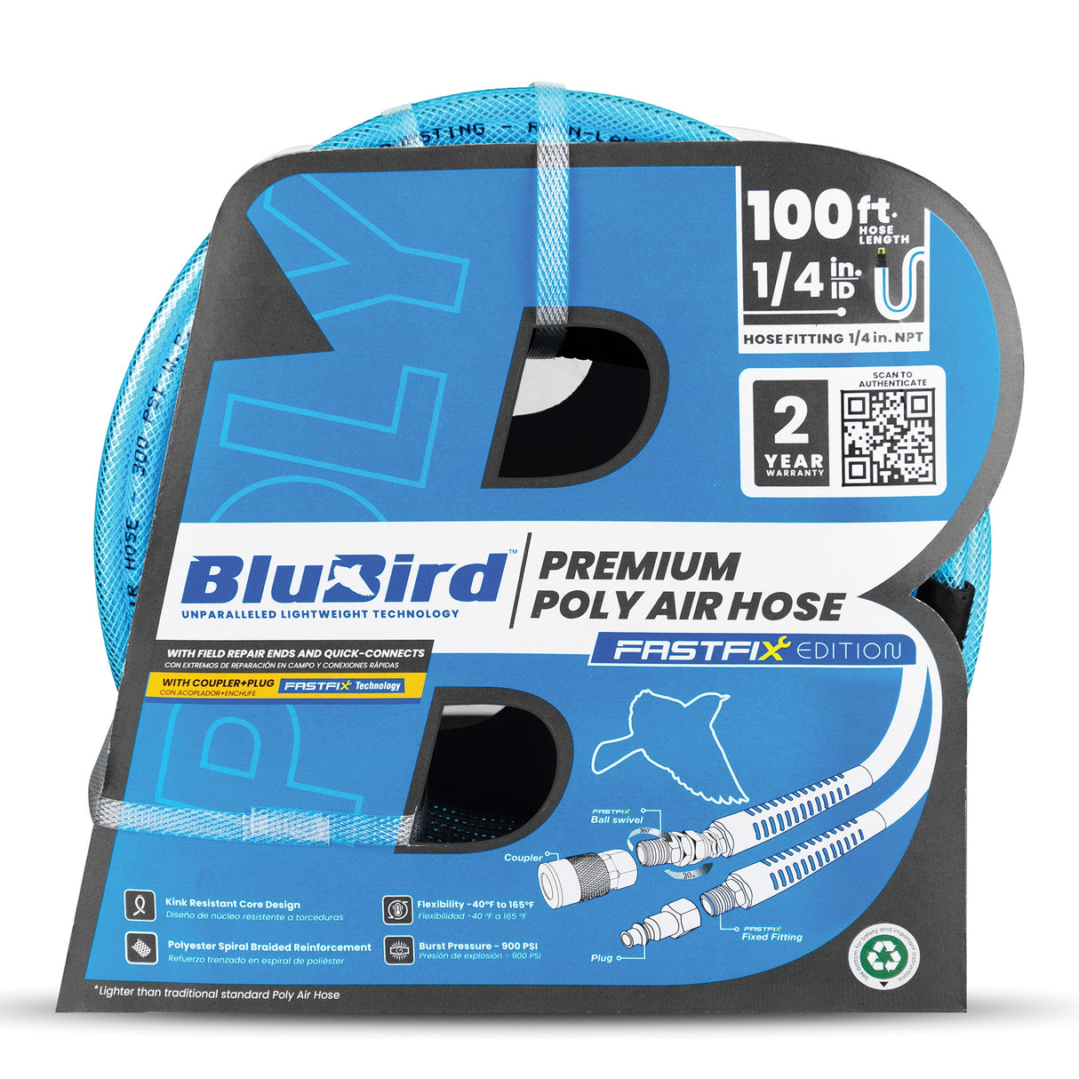 BluBird 1/4" Poly Air Hose with Fast FiX™ Field Repairable Fitting & Quick Connect Coupler