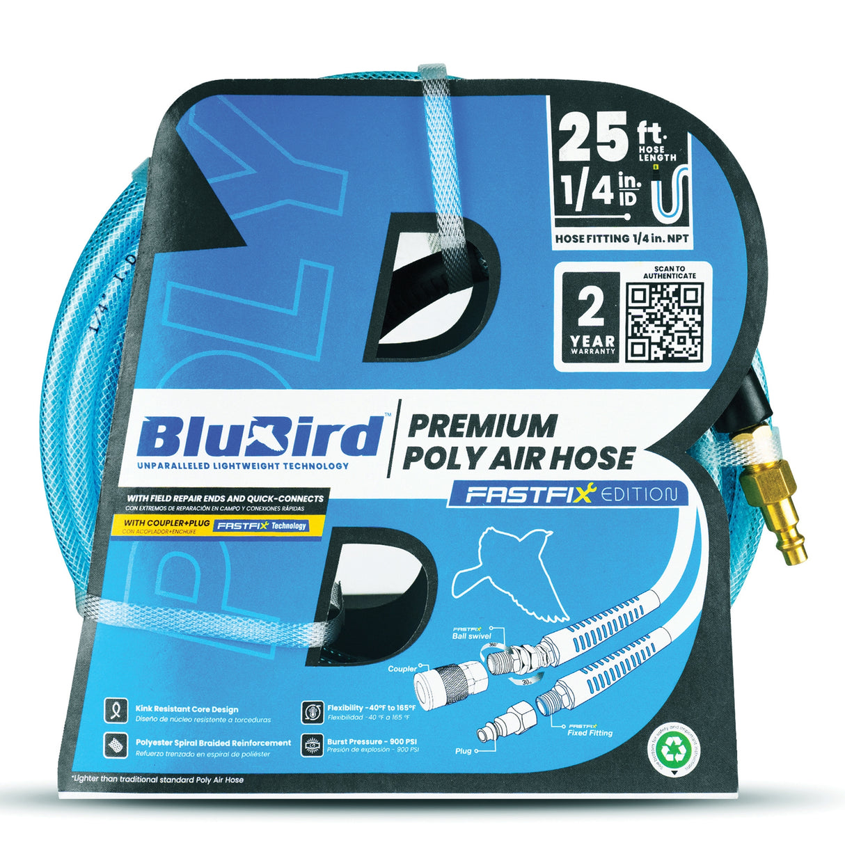 BluBird 1/4" Poly Air Hose with Fast FiX™ Field Repairable Fitting & Quick Connect Coupler