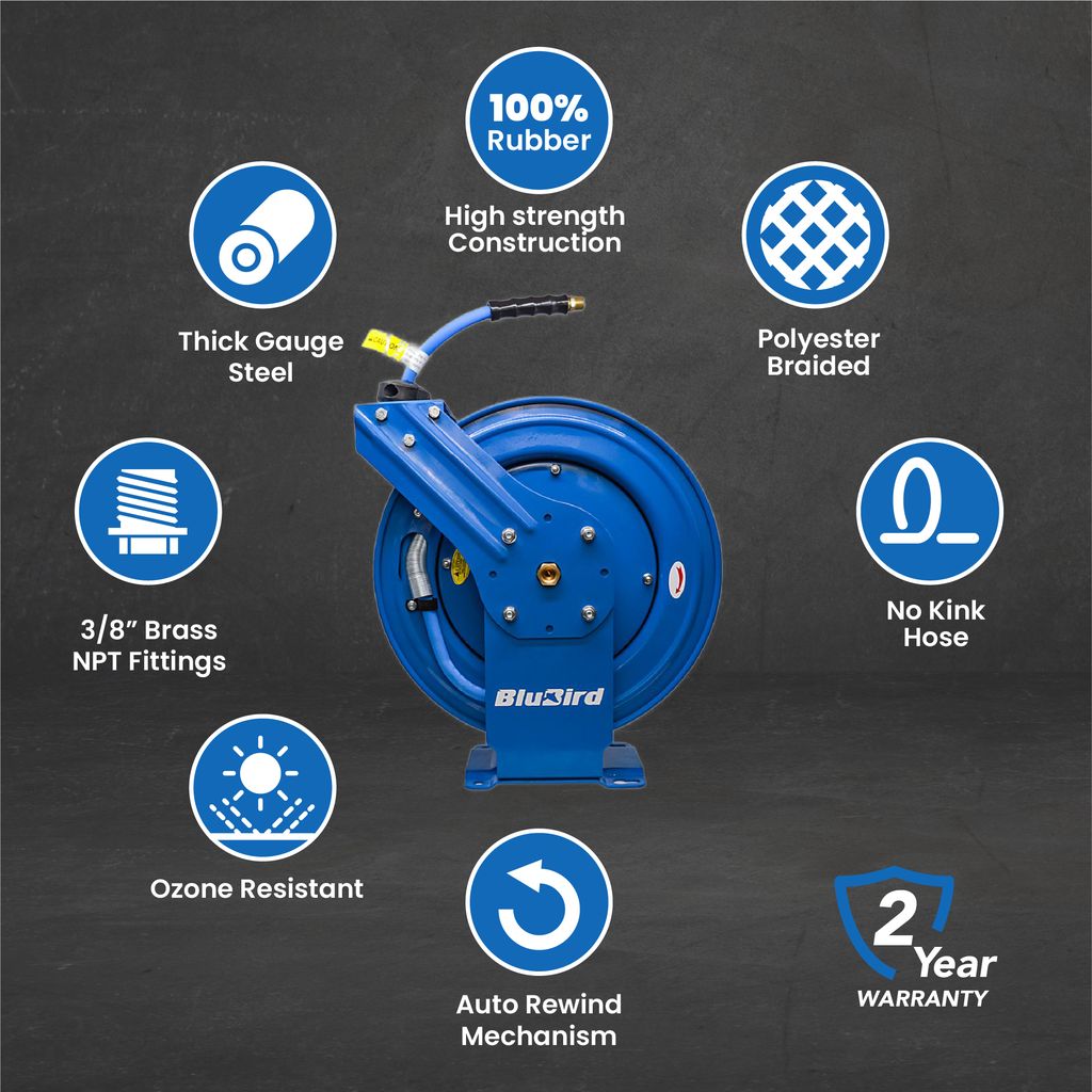 BluBird 3/8" Retractable Air Hose Reel with Hybrid Air Hose, 300 PSI, Powder-Coated Steel, 12-Point Ratchet Lock, Wall/Ceiling Mount, Brass Fittings