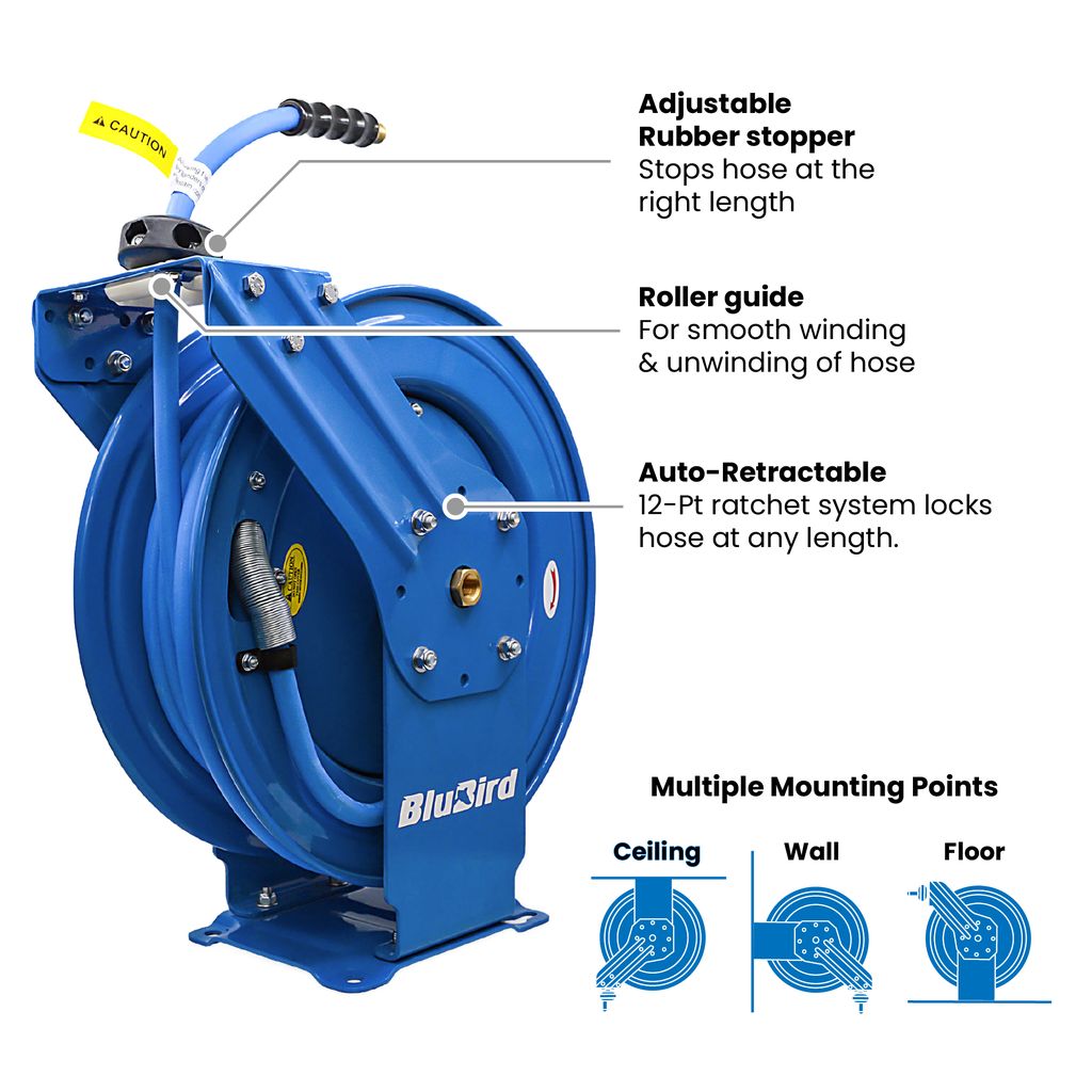 BluBird 3/8" Retractable Air Hose Reel with Hybrid Air Hose, 300 PSI, Powder-Coated Steel, 12-Point Ratchet Lock, Wall/Ceiling Mount, Brass Fittings