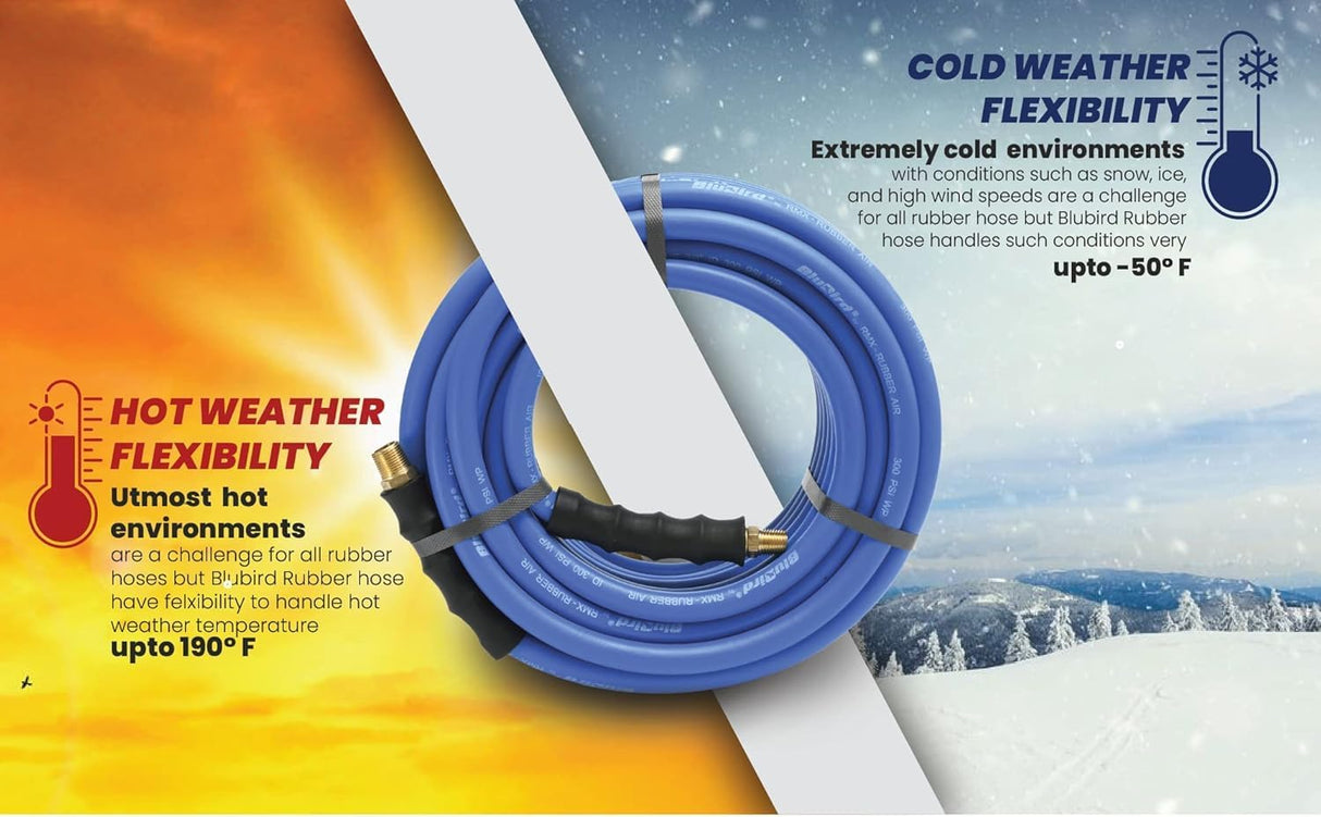 BluBird Rubber Air Hose 1/2 in. Heavy Duty 300 PSI Male NPT Polyester Woven Lightest Strongest Flexible