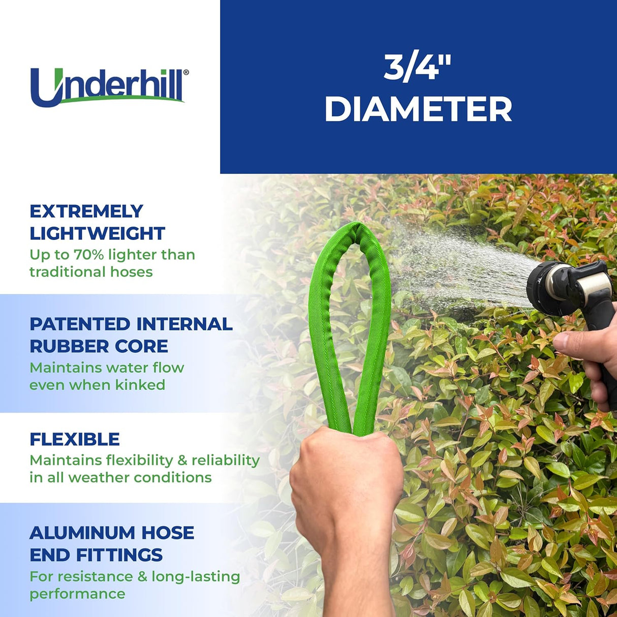 Underhill 3/4" ProLine Flex Fabric Hose, Flexible, Rubber Core, Lightweight, Collapsible, Aluminum End Fittings, Hot Water Safe, 600 PSI Burst Pressure, 300 PSI Working Pressure