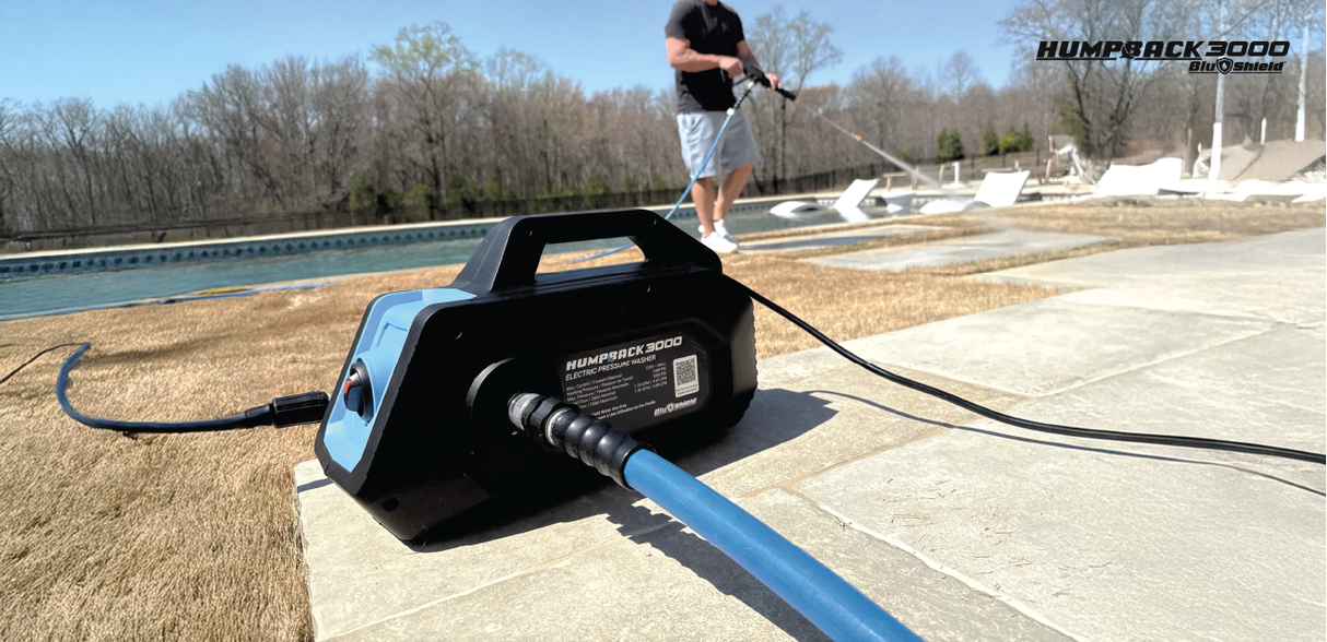 BluShield HumpBack 3000PSI All-in-One Pressure Washer System, Auto-Retractable Hose Reel, Industrial Pump, Accessories