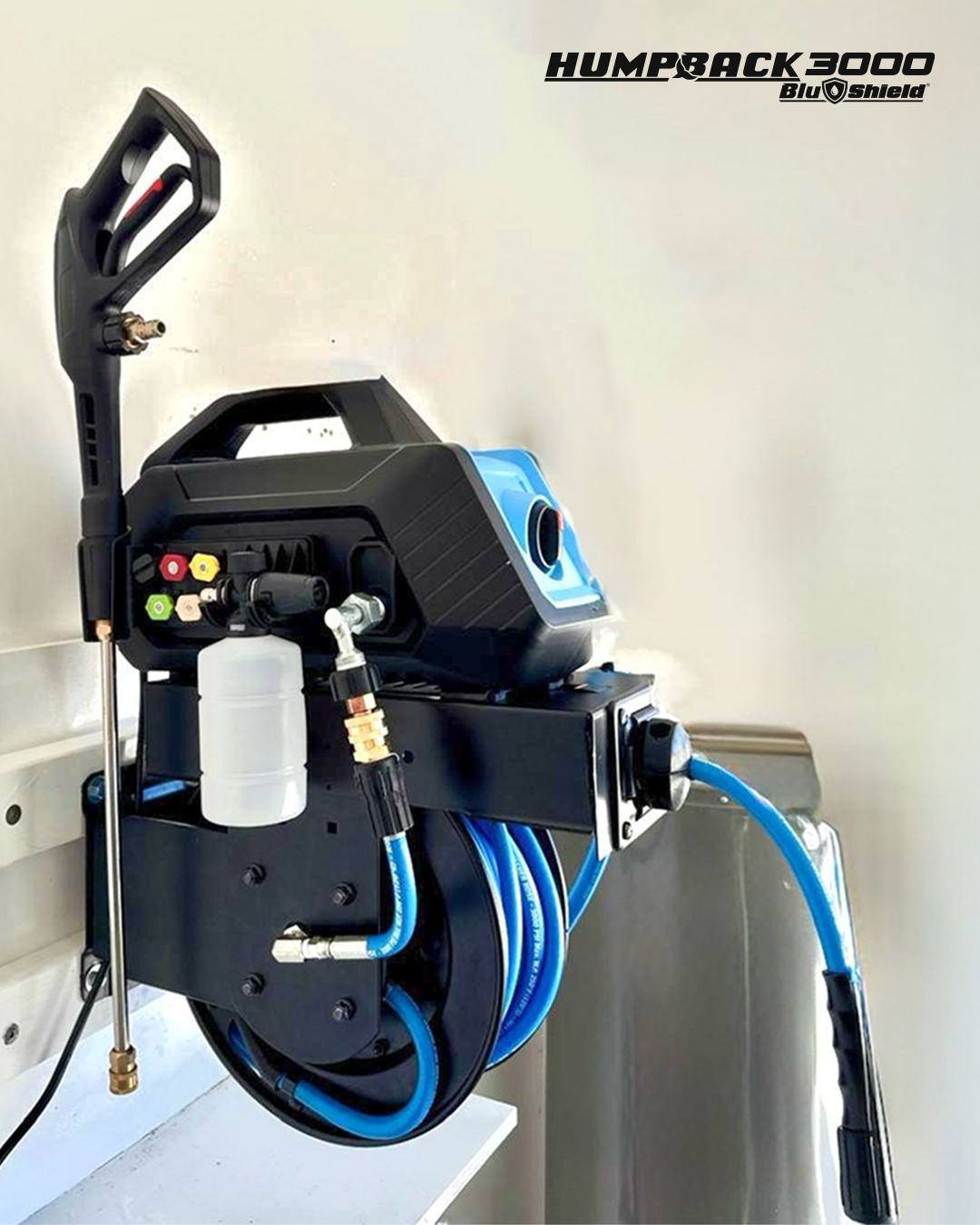 BluShield HumpBack 3000PSI All-in-One Pressure Washer System, Auto-Retractable Hose Reel, Industrial Pump, Accessories