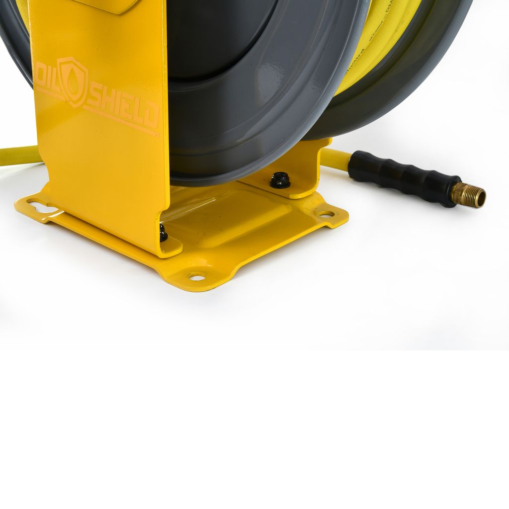 OilShield 1/2" x 50' Rubber Air Hose Reel with 3' Lead-in-Hose, 5-In-1 Coupler (All in One Design, Patented Technology)