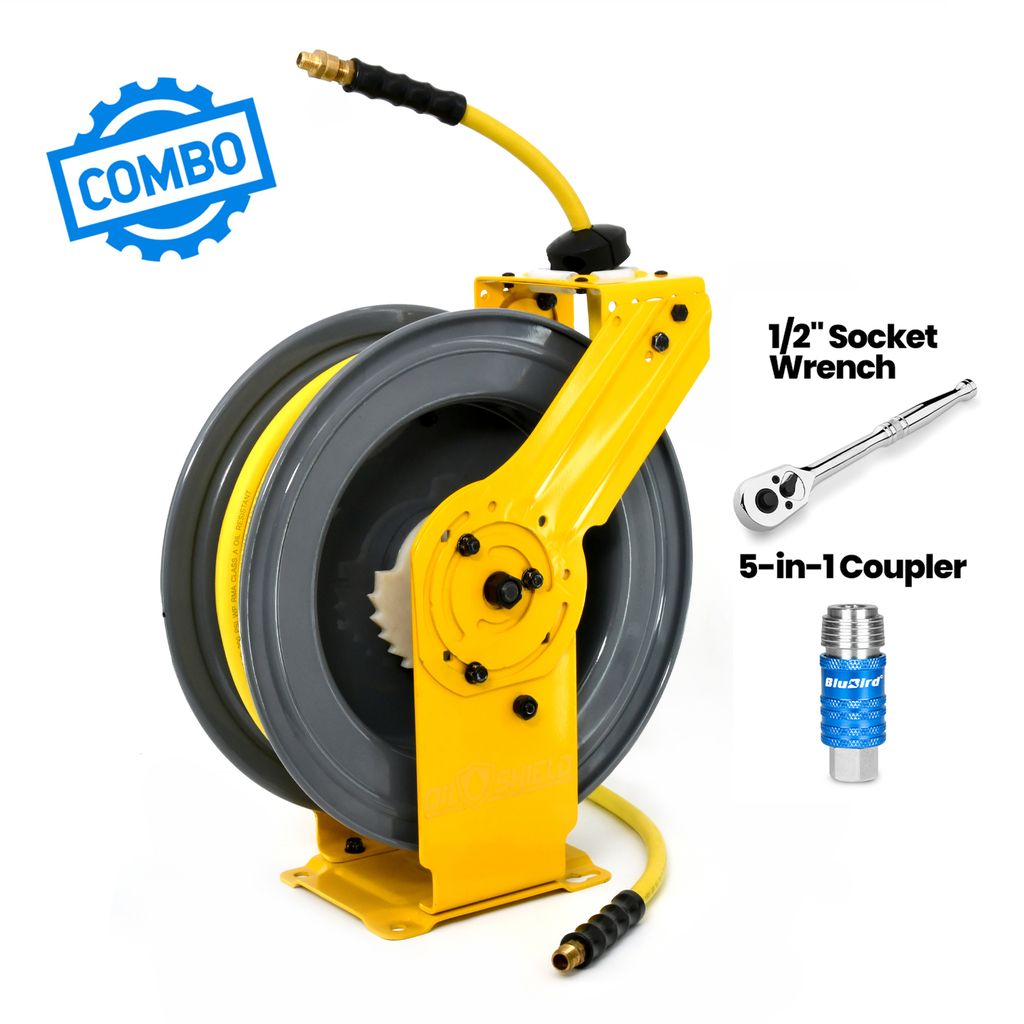 OilShield 1/2" x 50' Rubber Air Hose Reel with 3' Lead-in-Hose, 5-In-1 Coupler (All in One Design, Patented Technology)