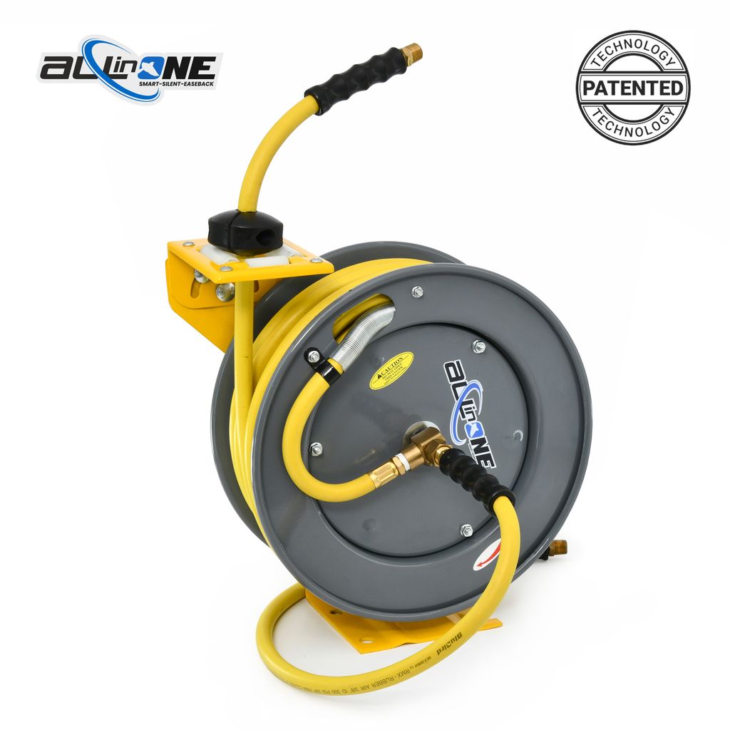 OilShield 3/8" x 50' Rubber Air Hose Reel with 3' Lead-in-Hose, 180° Swivel Mount, 5-In-1 Coupler (All in One Design, Patented Technology)