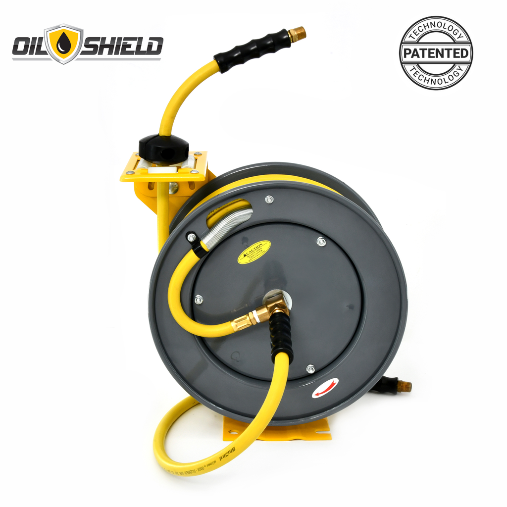 OilShield 3/8" x 50' Rubber Air Hose Reel with 3' Lead-in-Hose, 180° Swivel Mount, 5-In-1 Coupler (All in One Design, Patented Technology)