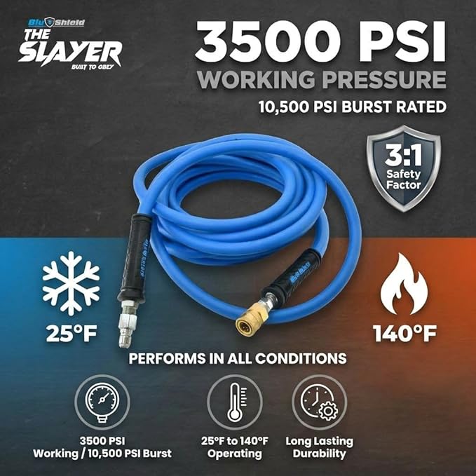 Blu Shield The Slayer Hybrid Pressure Washing Hose 3/8" X 100' with Coupler/Plug -Blue