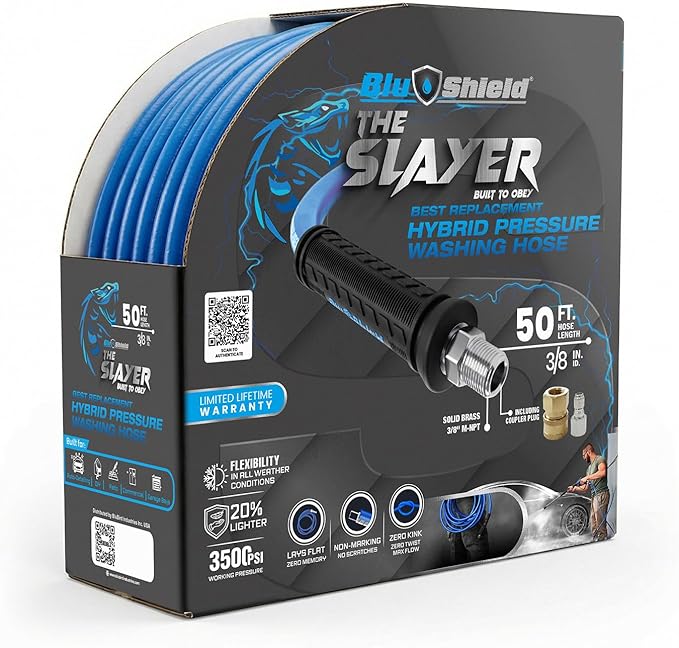 Blu Shield The Slayer Hybrid Pressure Washing Hose 3/8" X 50' with Coupler/Plug -Blue