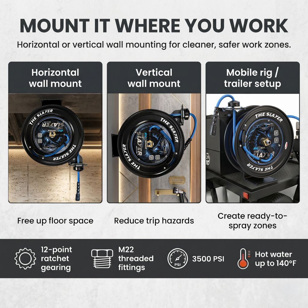 Blu Shield The Slayer Hybrid Pressure Washing Hose Reel 1/4" X 35'-Blue
