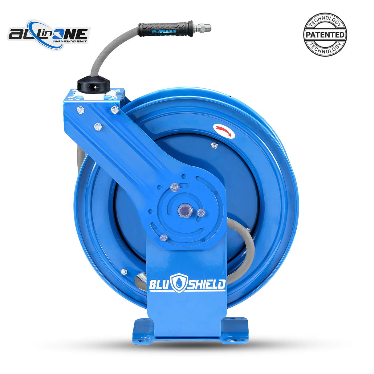 BluShield Rubber Pressure Washing Hose Reel 3/8" X 50(Dual Arm) with 6' Lead-in-Hose - All in One