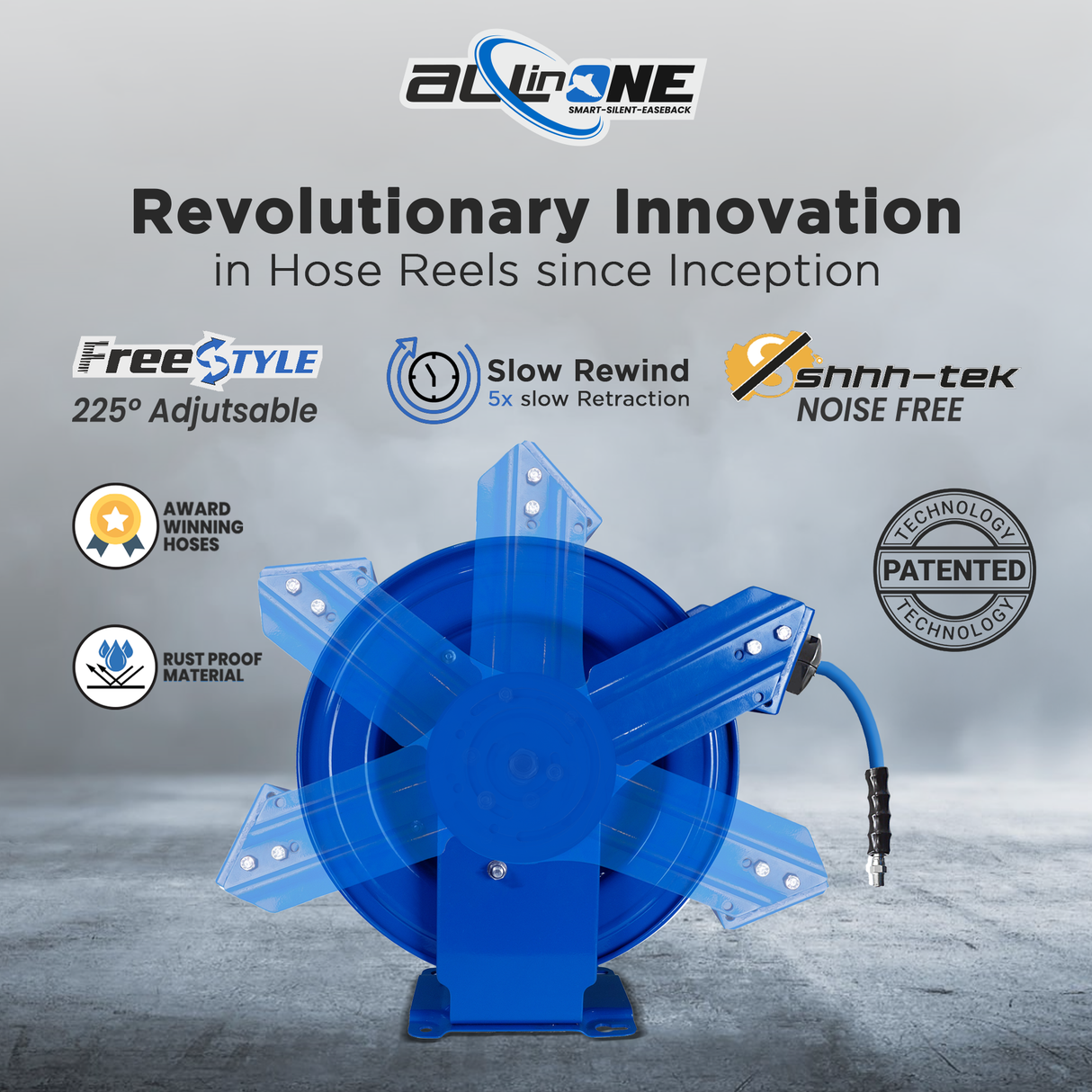 BluShield Rubber Pressure Washing Hose Reel 3/8" X 50(Dual Arm) with 6' Lead-in-Hose - All in One