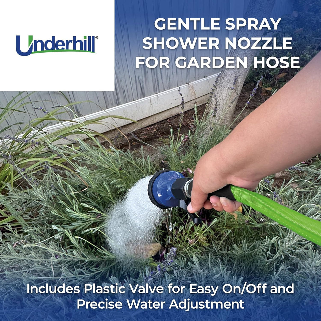 Underhill Proline Gentle Spray Shower Nozzle, Garden Water Hose Sprayer for Watering Plants and Flowers, with Plastic Valve, Includes 3 Stainless Steel Outlet Plates (450, 750 and 1000 Holes)