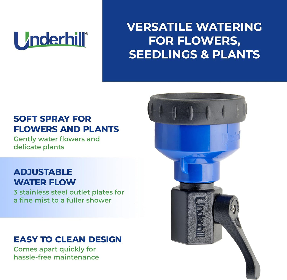 Underhill Proline Gentle Spray Shower Nozzle, Garden Water Hose Sprayer for Watering Plants and Flowers, with Plastic Valve, Includes 3 Stainless Steel Outlet Plates (450, 750 and 1000 Holes)