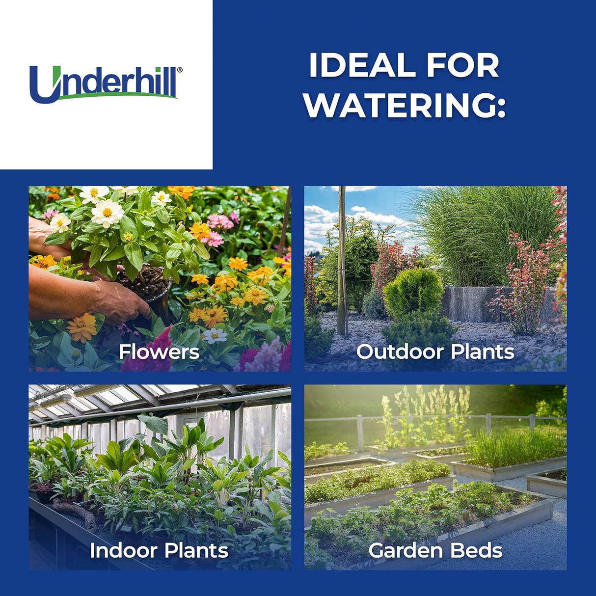 Underhill Proline Gentle Spray Shower Nozzle, Garden Water Hose Sprayer for Watering Plants and Flowers, with Plastic Valve, Includes 3 Stainless Steel Outlet Plates (450, 750 and 1000 Holes)