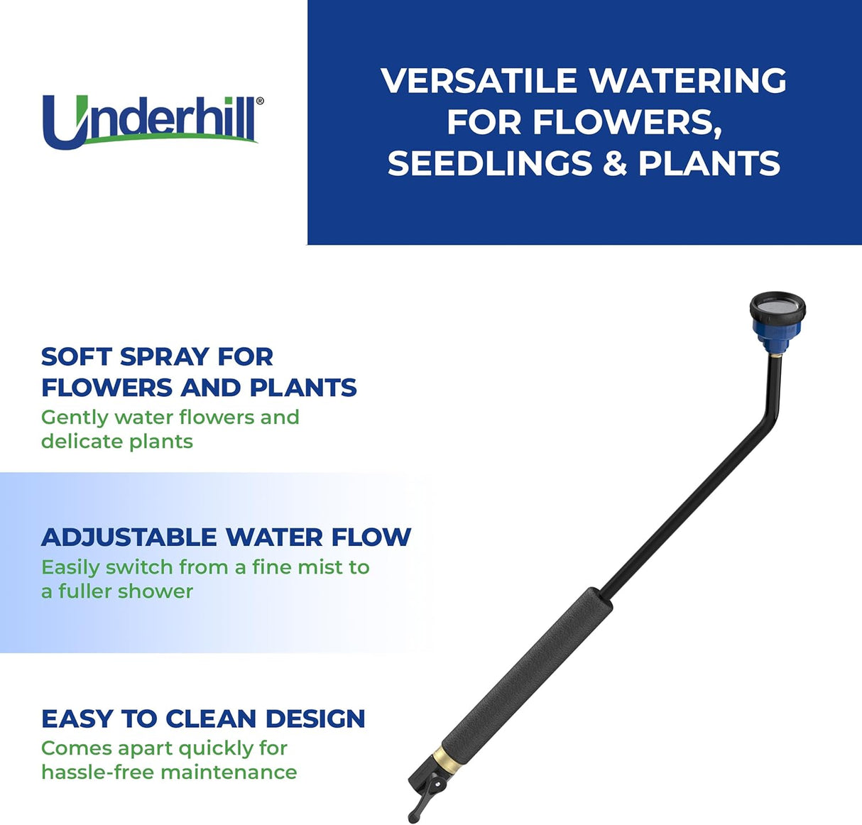 Underhill Proline Gentle Shower Spray Wand – 30" Wand, ¾″ GHT with Shower Head Nozzle (RPW-75PL)