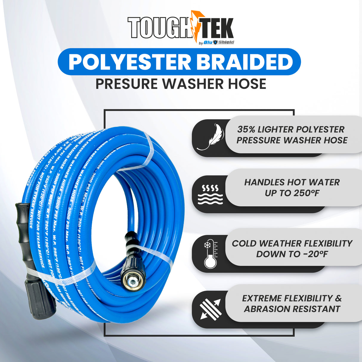 ToughTek 1/4" Pressure Washer Hose 3000PSI, Non Marking, M22 Connectors (Hot/ Cold Water)