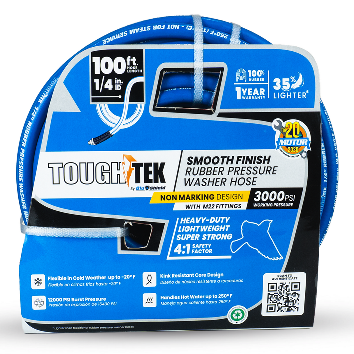 ToughTek 1/4" Pressure Washer Hose 3000PSI, Non Marking, M22 Connectors (Hot/ Cold Water)