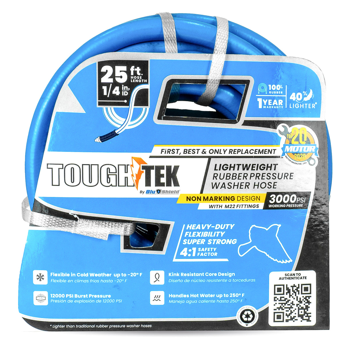 ToughTek 1/4" Pressure Washer Hose 3000PSI, Non Marking, M22 Connectors (Hot/ Cold Water)