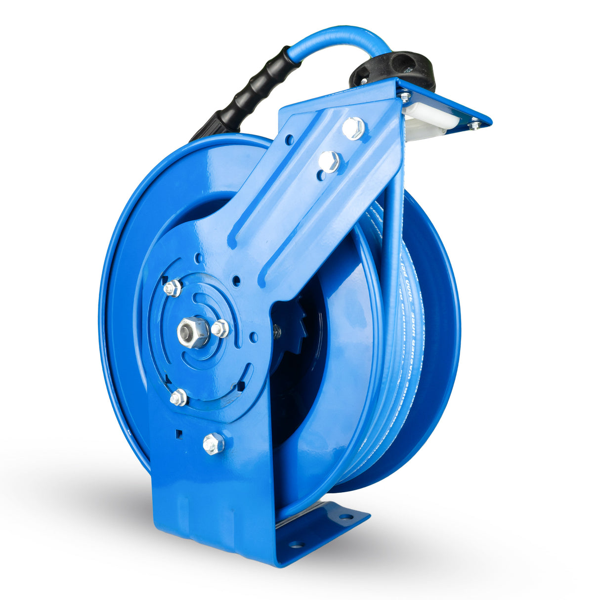 Dévidoir de tuyau pour nettoyeur haute pression Blu Shield ToughTek 1/4" x 35' – Acier robuste à bras unique, tuyau en caoutchouc 3100 PSI, raccord de 6', non marquant