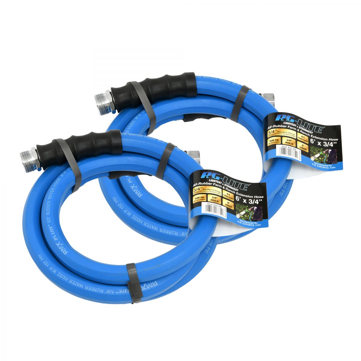 AG-Lite 100% Premium Rubber Water Lead In Hose, 5/8" X 6', 3/4" Male and Female GHT Fittings. 500 PSI Burst Rating. Includes Extra Washer and Bend Restrictor. 2 Pack