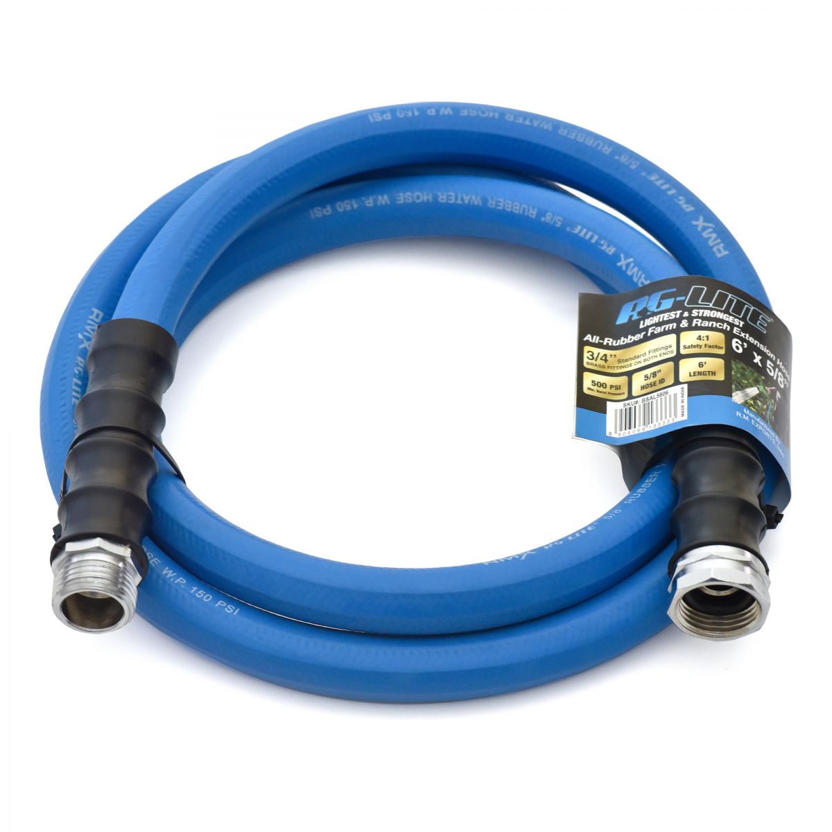 AG-Lite 100% Premium Rubber Water Lead In Hose, 5/8" X 6', 3/4" Male and Female GHT Fittings. 500 PSI Burst Rating. Includes Extra Washer and Bend Restrictor. 2 Pack