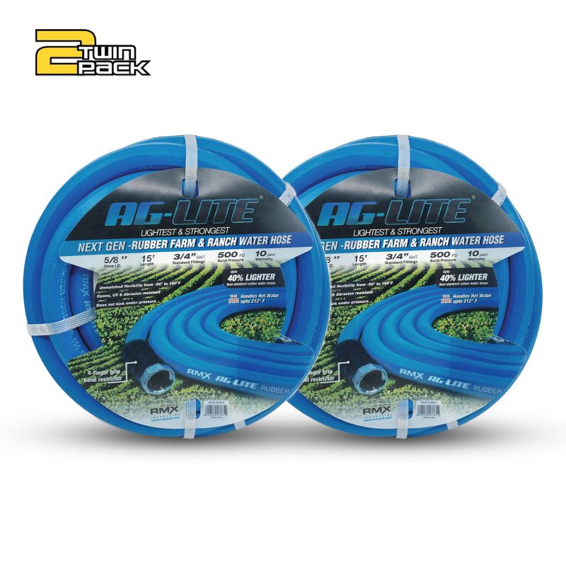 AG-Lite 100% Premium Rubber Water Lead In Hose, 5/8" X 15', 3/4" Male and Female GHT Fittings. 500 PSI Burst Rating. Includes Extra Washer and Bend Restrictor. 2 Pack