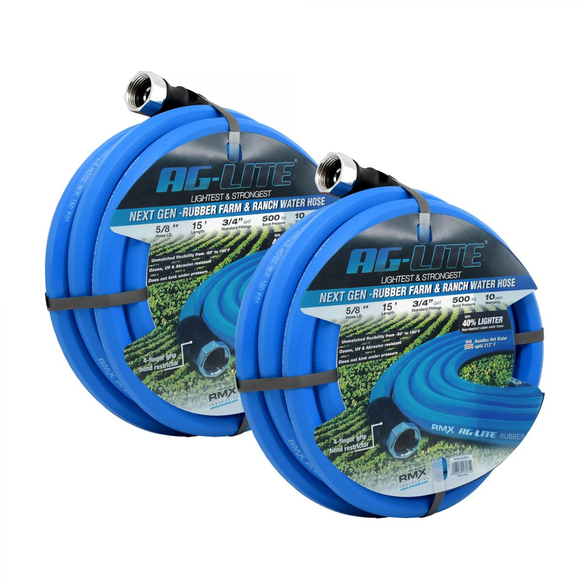 AG-Lite 100% Premium Rubber Water Lead In Hose, 5/8" X 15', 3/4" Male and Female GHT Fittings. 500 PSI Burst Rating. Includes Extra Washer and Bend Restrictor. 2 Pack