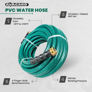 Avagard PVC Water Hose Assembly 3/4" X 15', 3/4" Male and Female GHT Fittings. 500 PSI Burst Rating. Includes Extra Washer and Bend Restrictor. 2 Pack