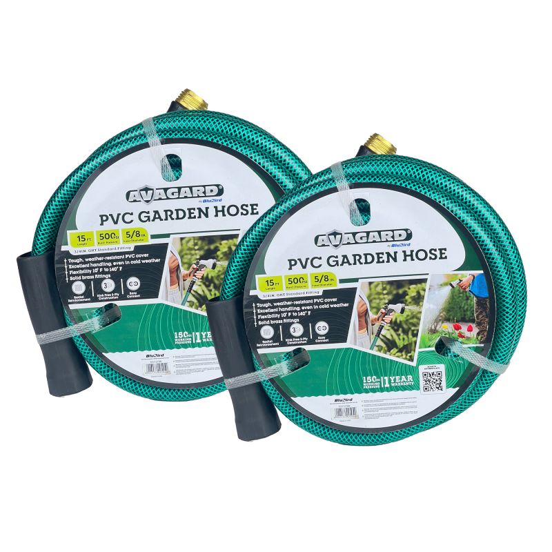 Avagard PVC Water Hose Assembly 5/8" X 15', 3/4" Male and Female GHT Fittings. 500 PSI Burst Rating. Includes Extra Washer and Bend Restrictor. 2 Pack