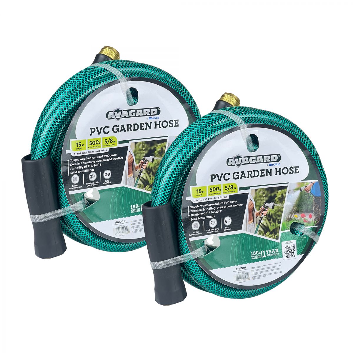 Avagard PVC Water Hose Assembly 5/8" X 15', 3/4" Male and Female GHT Fittings. 500 PSI Burst Rating. Includes Extra Washer and Bend Restrictor. 2 Pack