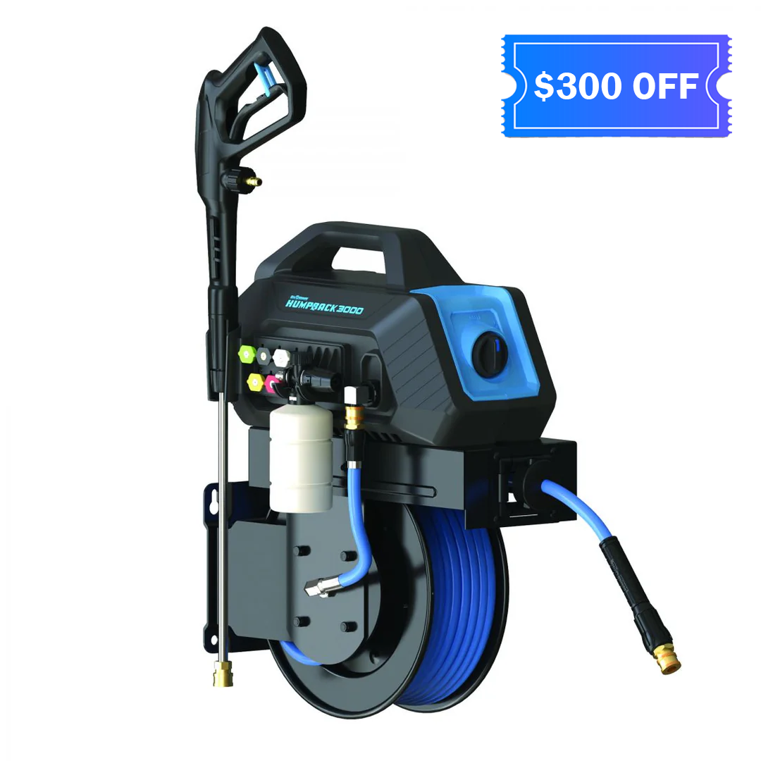BluShield HumpBack 3000PSI All-in-One Pressure Washer System, Auto-Retractable Hose Reel, Industrial Pump, Accessories