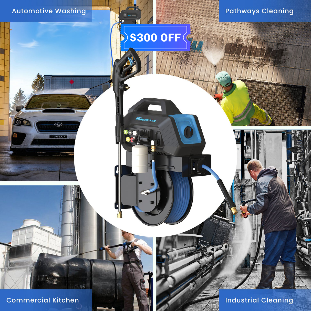 BluShield HumpBack 3000PSI All-in-One Pressure Washer System, Auto-Retractable Hose Reel, Industrial Pump, Accessories