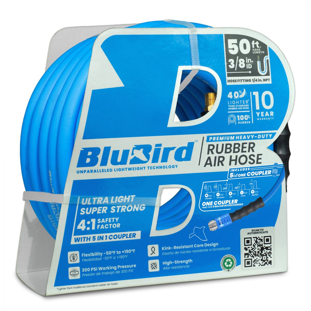 BluBird Rubber Air Hose 3/8" X 50'- 3/8" Male-NPT, 300 PSI, EPDM with Universal 5 in 1 Coupler