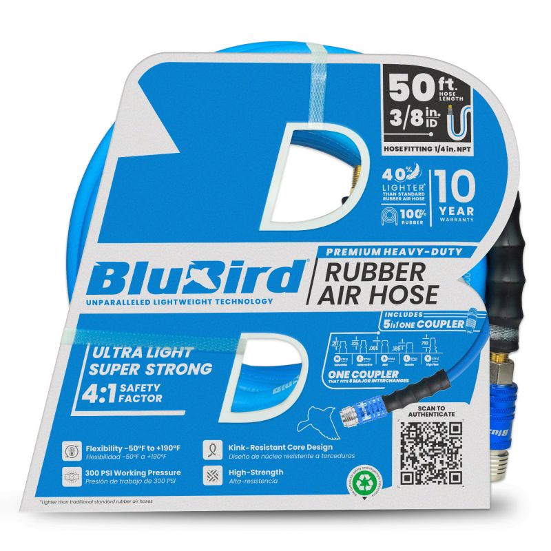 BluBird 3/8" x 50' Rubber Air Hose with Universal 5-in-1 Coupler for M/ V/ A/ T/ L Style plugs