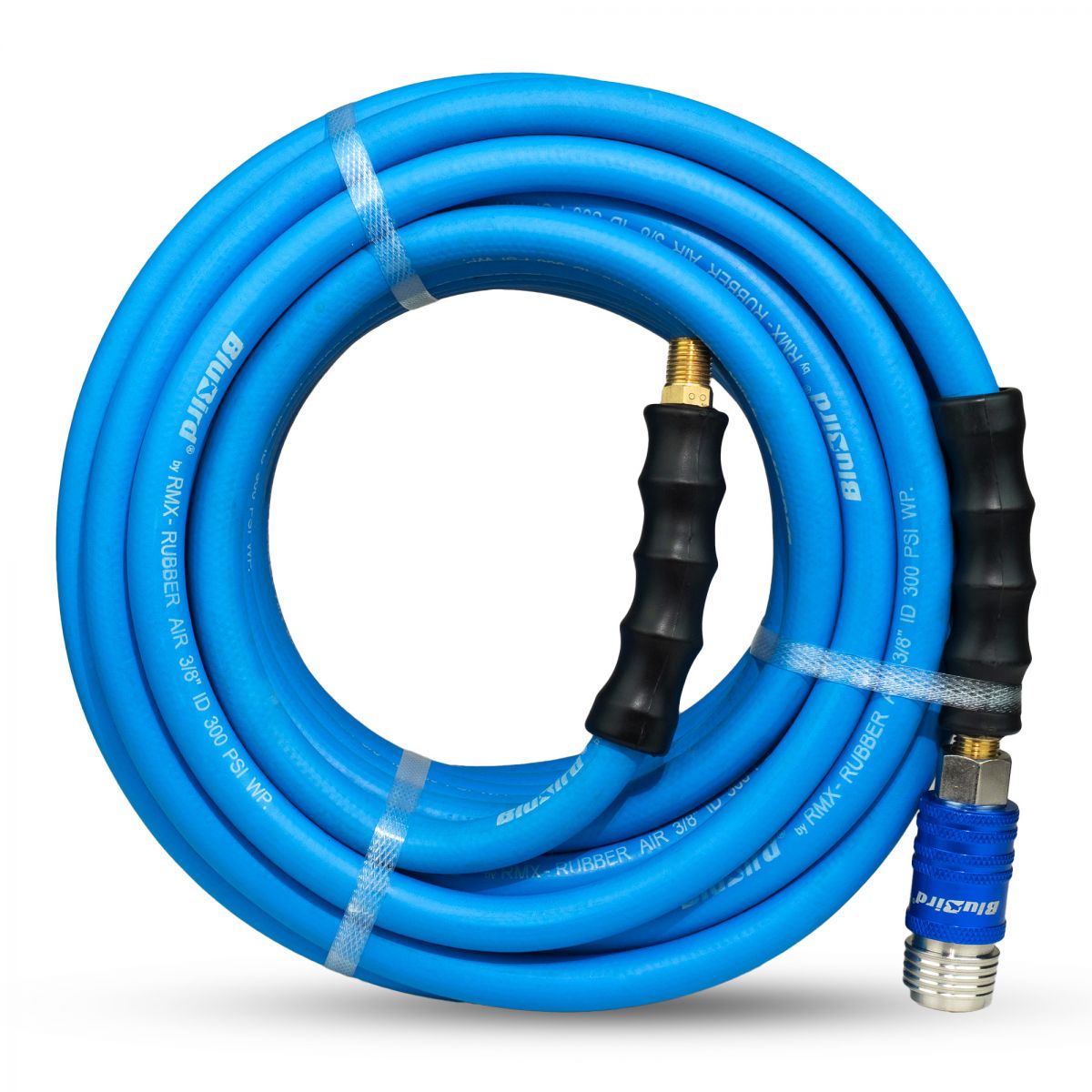 BluBird Rubber Air Hose 3/8" X 50'- 3/8" Male-NPT, 300 PSI, EPDM with Universal 5 in 1 Coupler