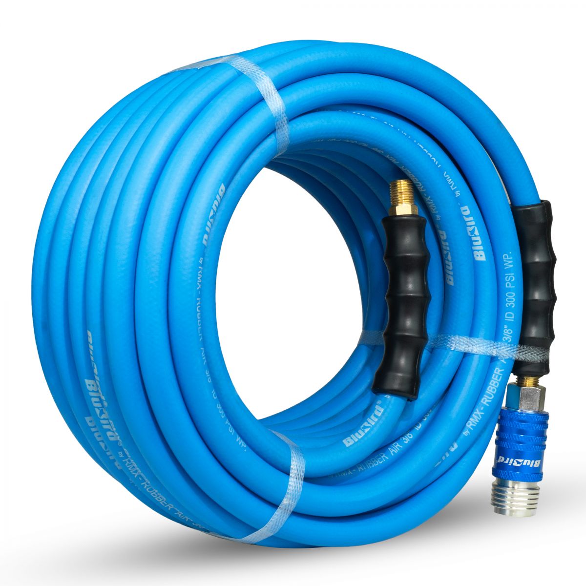 BluBird Rubber Air Hose 3/8" X 50'- 3/8" Male-NPT, 300 PSI, EPDM with Universal 5 in 1 Coupler