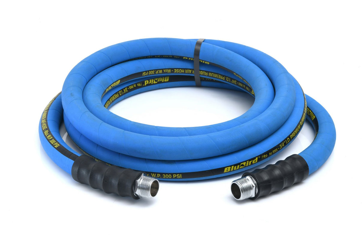 BluBird Pro 3/4" x 25' Rubber Air Hose Assembly – 3/4" Male NPT, 300 PSI EPDM