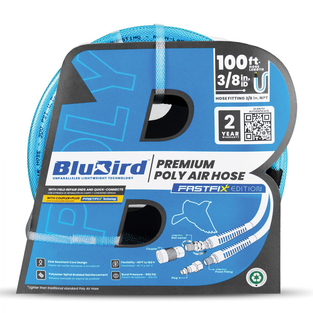 BluBird 3/8” x 50’ Poly Air Hose with Fast FiX™ Field Repairable Fitting & Quick Connect Coupler