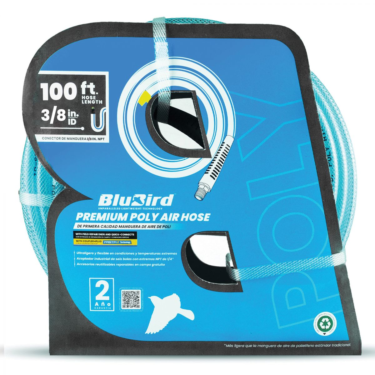 BluBird 3/8” x 50’ Poly Air Hose with Fast FiX™ Field Repairable Fitting & Quick Connect Coupler