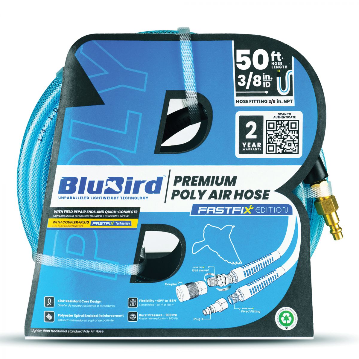 BluBird 3/8” x 50’ Poly Air Hose with Fast FiX™ Field Repairable Fitting & Quick Connect Coupler